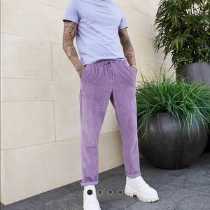 Lilac corduroy pants.